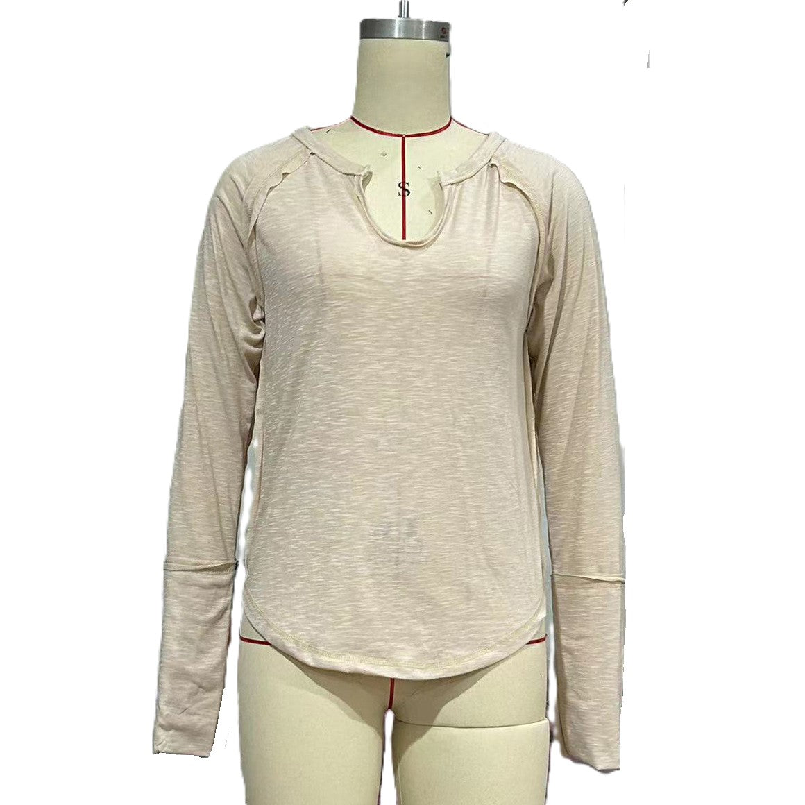 Notch V Neck Long Sleeve Curved Hem Top - Apricot