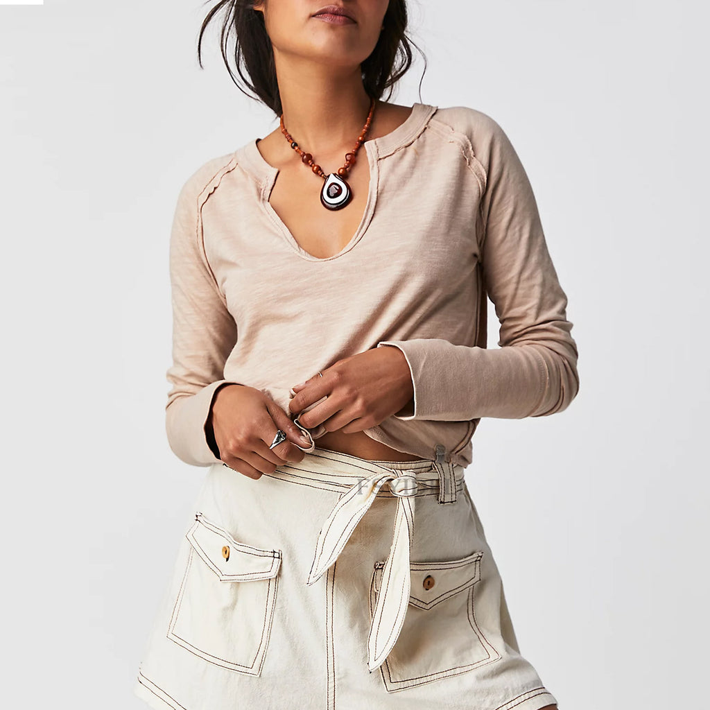 Notch V Neck Long Sleeve Curved Hem Top - Apricot - 1