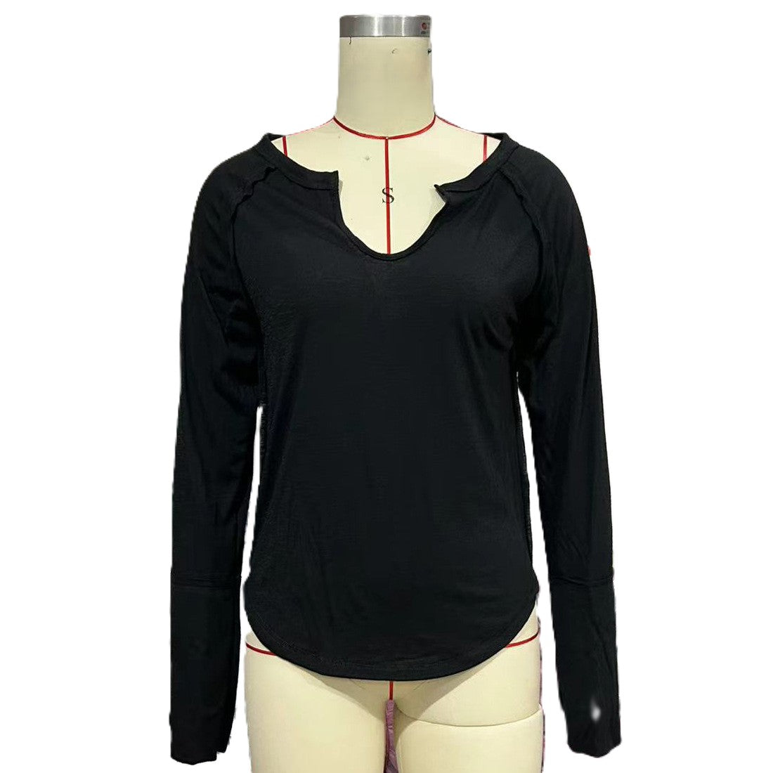 Notch V Neck Long Sleeve Curved Hem Top - Black