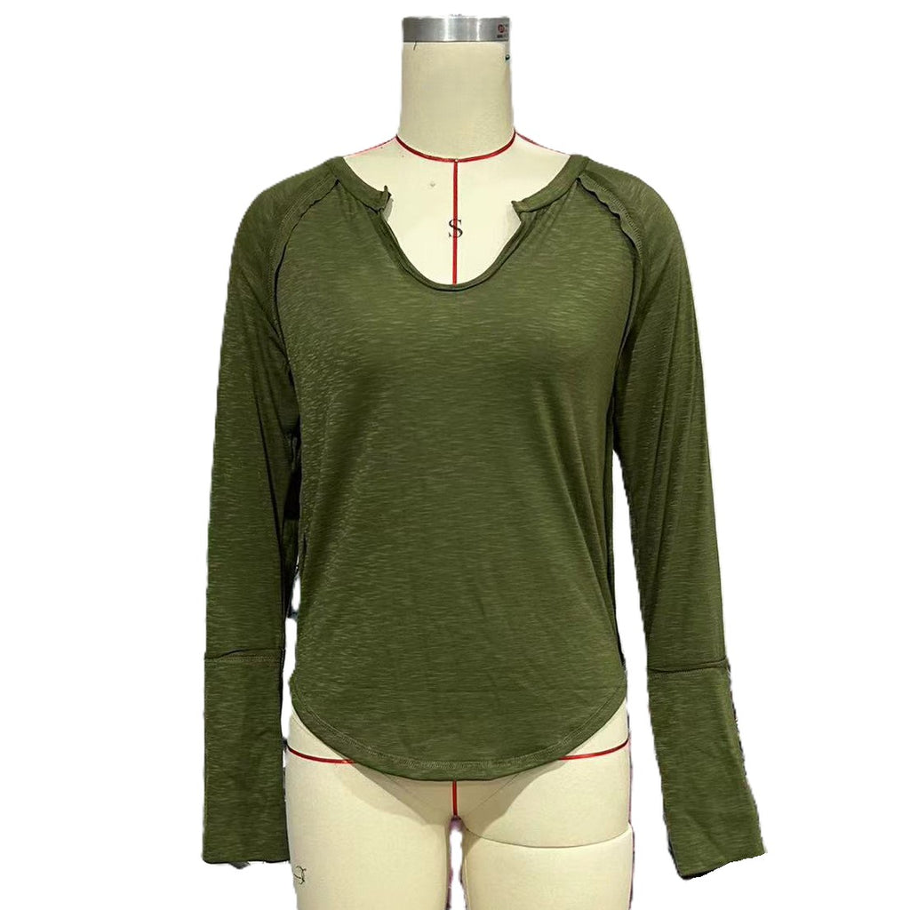 Notch V Neck Long Sleeve Curved Hem Top - Green