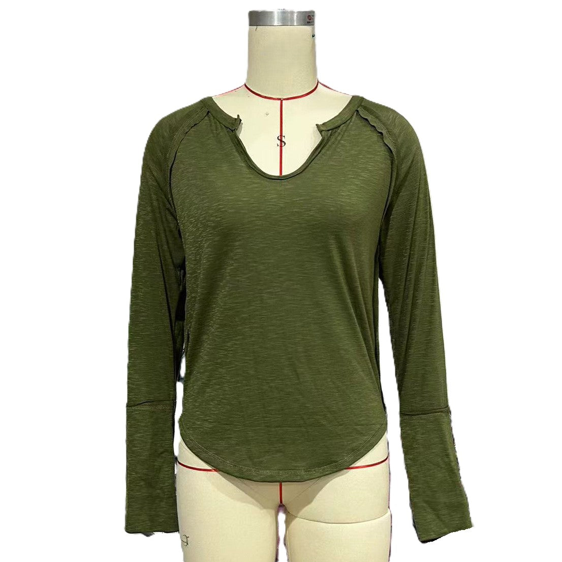 Notch V Neck Long Sleeve Curved Hem Top - Green
