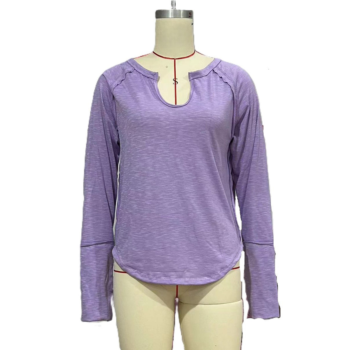 Notch V Neck Long Sleeve Curved Hem Top - Purple