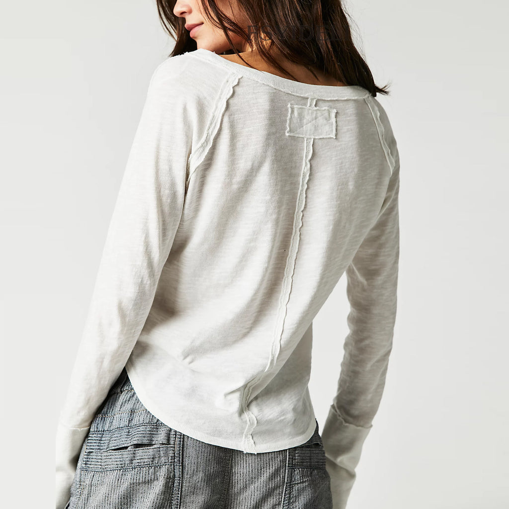 Notch V Neck Long Sleeve Curved Hem Top - White - 1