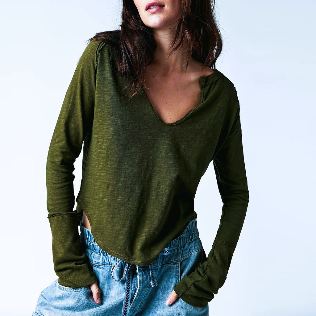Notch V Neck Long Sleeve Curved Hem Top - view 1