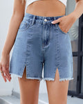Raw Hem Split Front Denim Shorts - Light-Blue