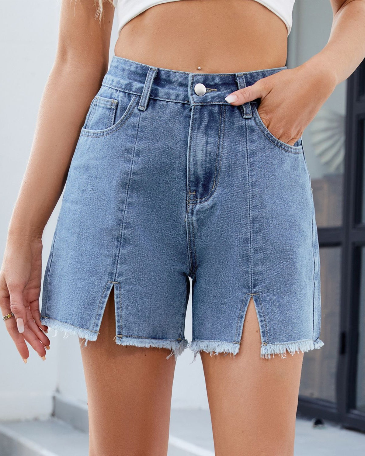 Raw Hem Split Front Denim Shorts - Light-Blue