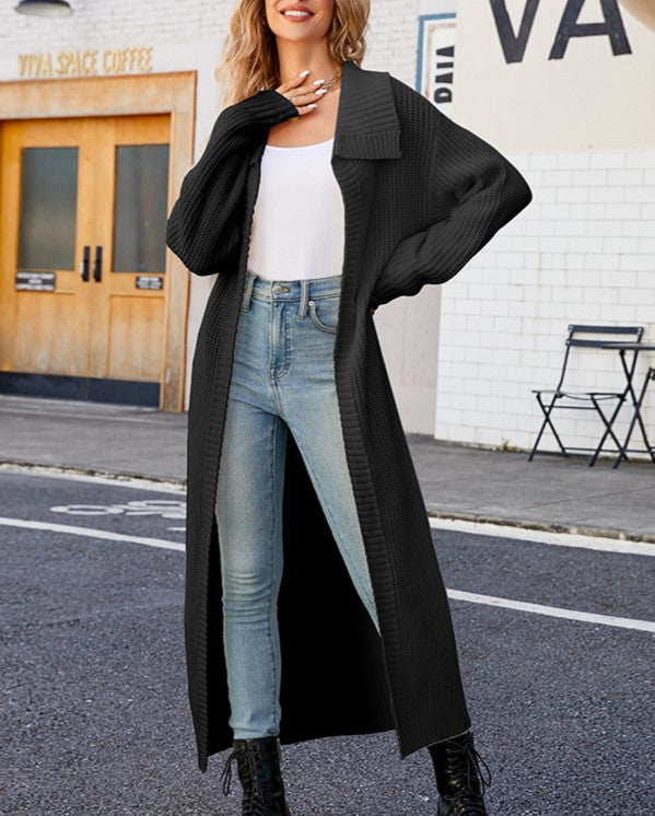 Collared Floor Length Open Knit Duster Cardigan - Black - 1