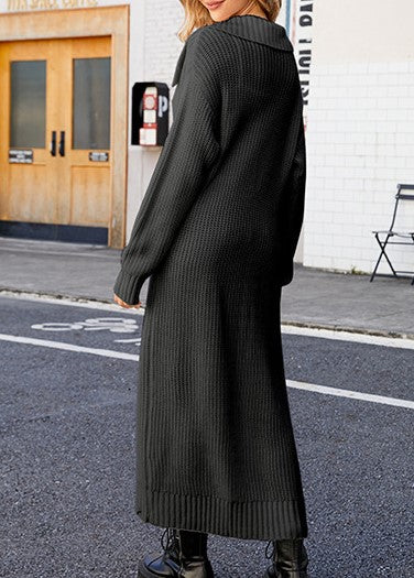 Collared Floor Length Open Knit Duster Cardigan - Black - 2