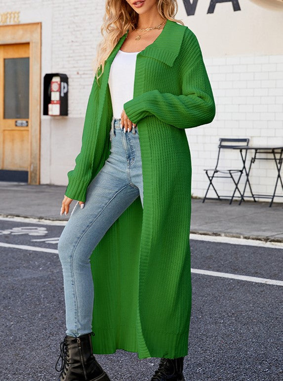 Collared Floor Length Open Knit Duster Cardigan - Green