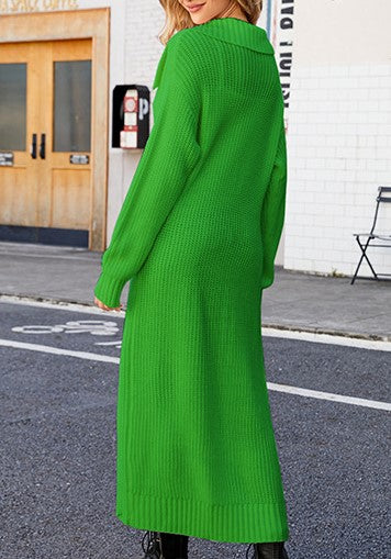 Collared Floor Length Open Knit Duster Cardigan - Green - 1
