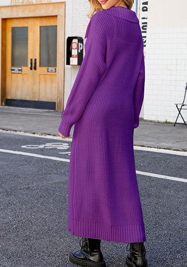 Collared Floor Length Open Knit Duster Cardigan - Purple - 1