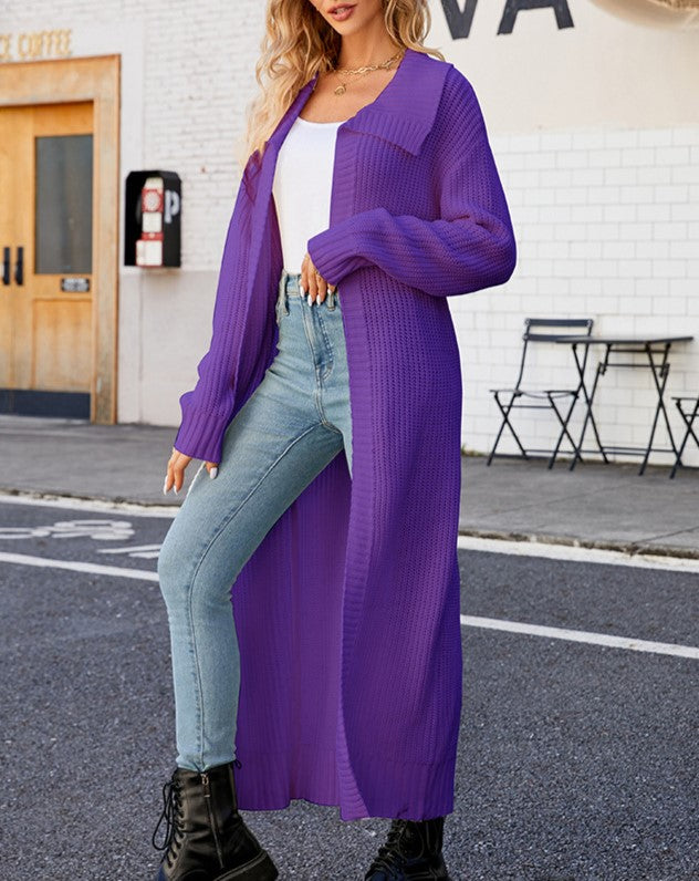 Collared Floor Length Open Knit Duster Cardigan - Purple - 2