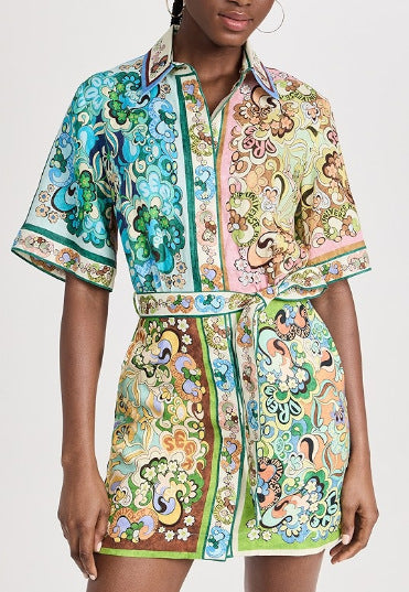 Mixed Floral Patchwork Print Mini Shirt Dress - Green