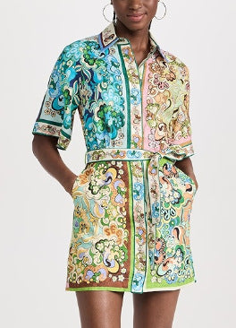 Mixed Floral Patchwork Print Mini Shirt Dress - Green - 1