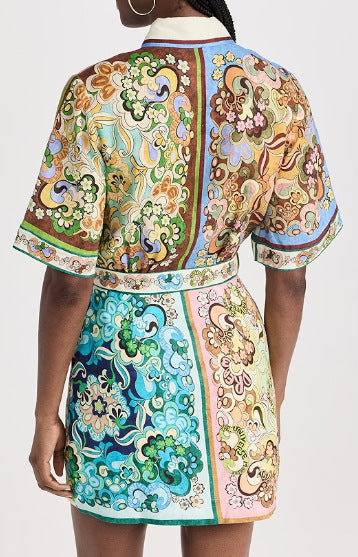 Mixed Floral Patchwork Print Mini Shirt Dress - Green - 3