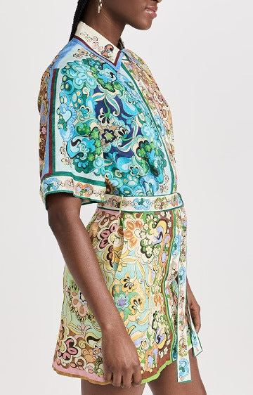 Mixed Floral Patchwork Print Mini Shirt Dress - Green - 4