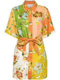 Mixed Floral Patchwork Print Mini Shirt Dress - Yellow