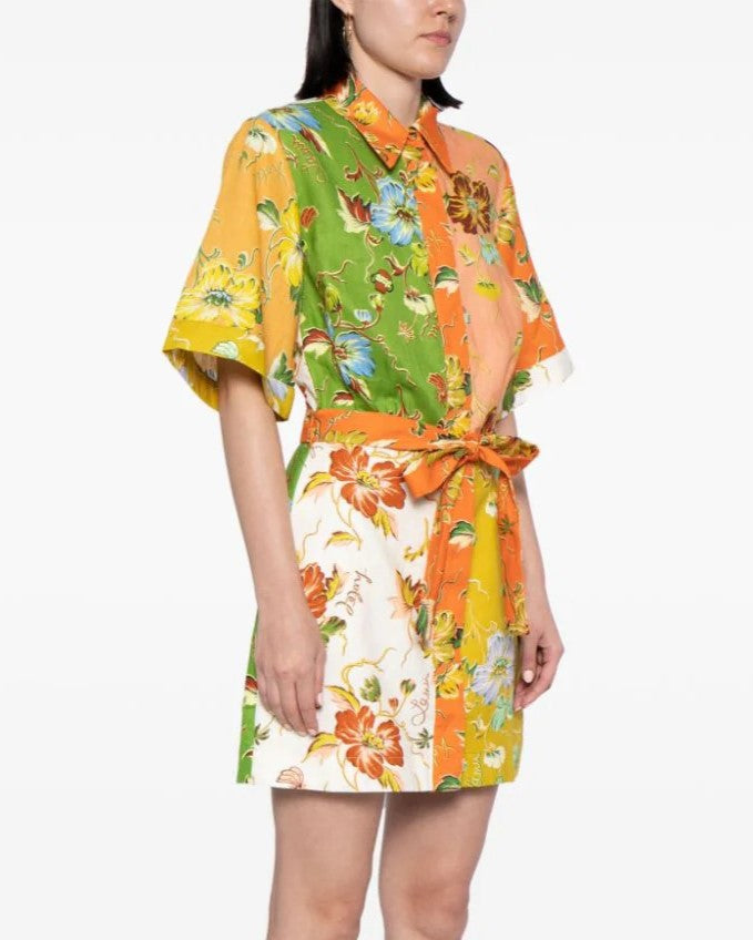 Mixed Floral Patchwork Print Mini Shirt Dress - Yellow - 1