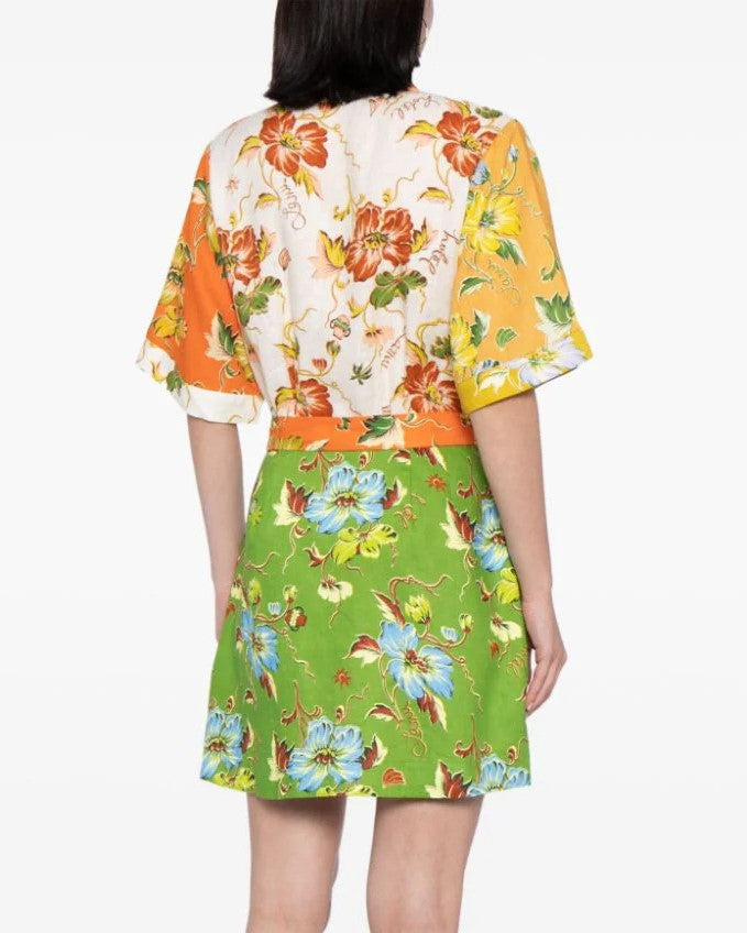 Mixed Floral Patchwork Print Mini Shirt Dress - Yellow - 2