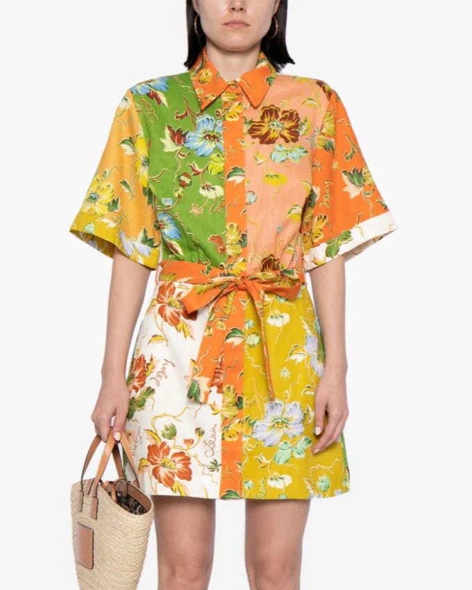 Mixed Floral Patchwork Print Mini Shirt Dress