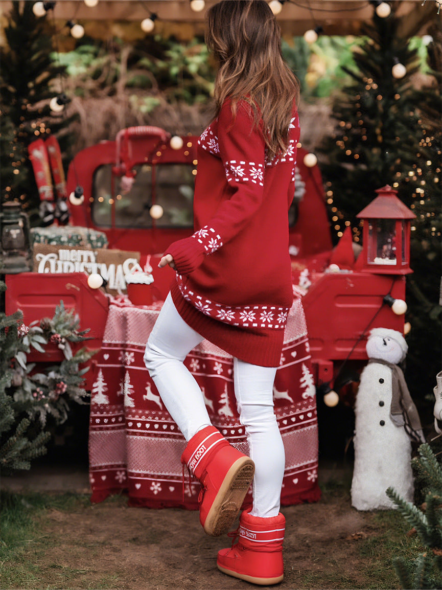Snowflake Jacquard Turtleneck Sweater Dress - Red - 1