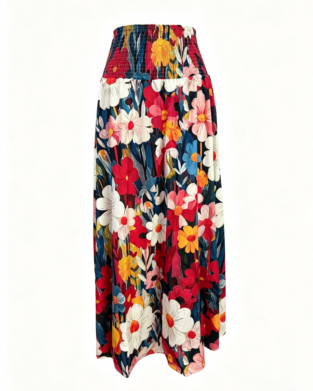 Retro Floral Maxi Skirt With Smocked Waist - Black