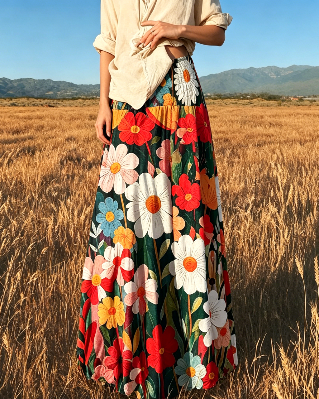 Retro Floral Maxi Skirt With Smocked Waist - Orange