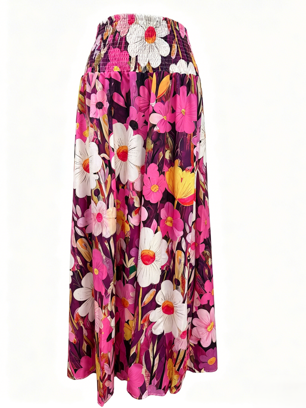 Retro Floral Maxi Skirt With Smocked Waist - Pink