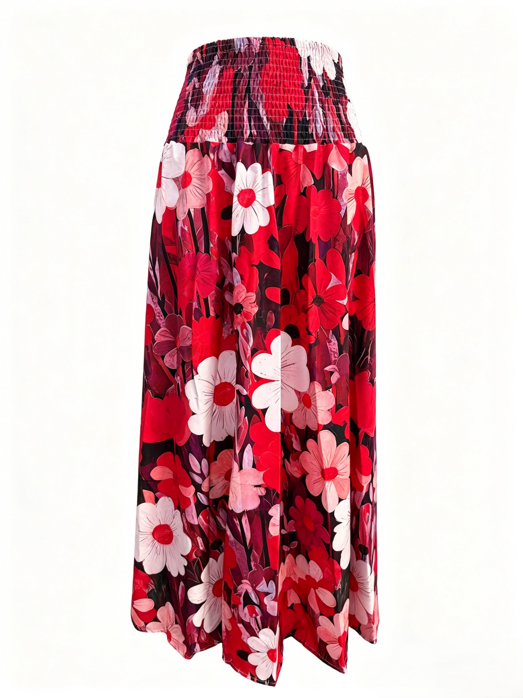 Retro Floral Maxi Skirt With Smocked Waist - Red