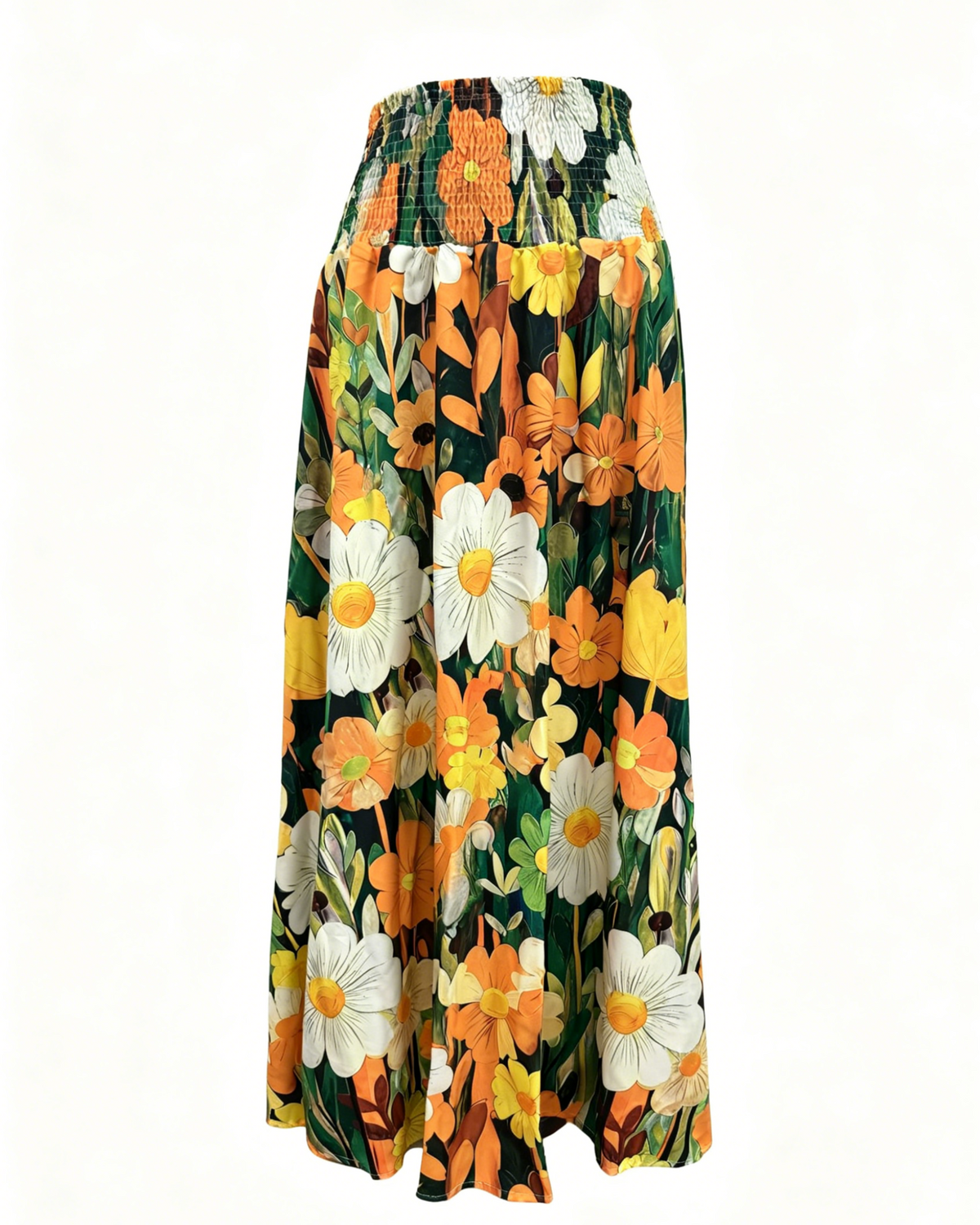 Retro Floral Maxi Skirt With Smocked Waist - Yellow