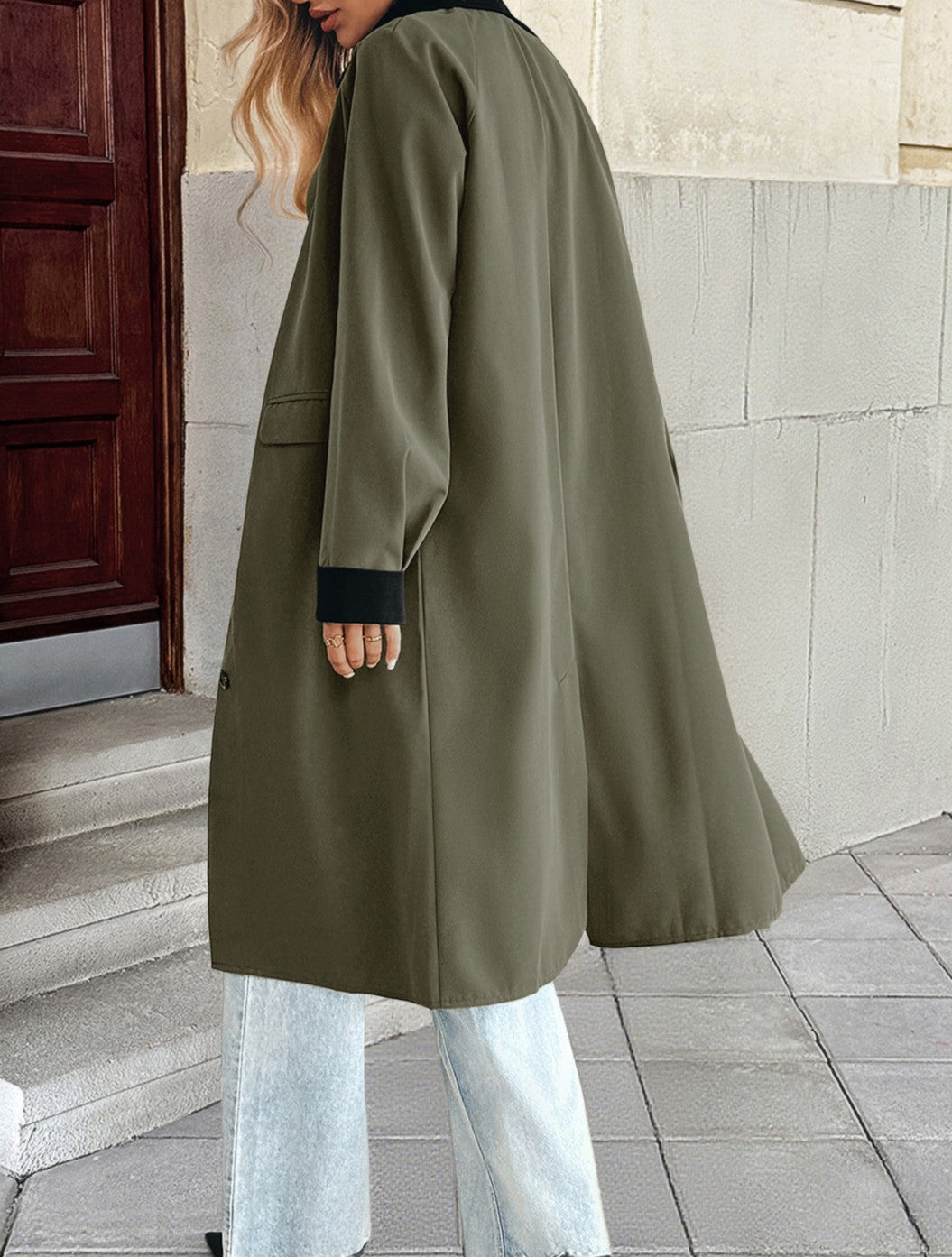 Contrast Collar Longline Single Breasted Coat - Green - 3