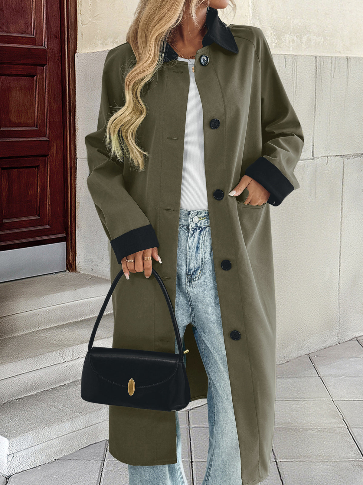 Contrast Collar Longline Single Breasted Coat - Green - 4