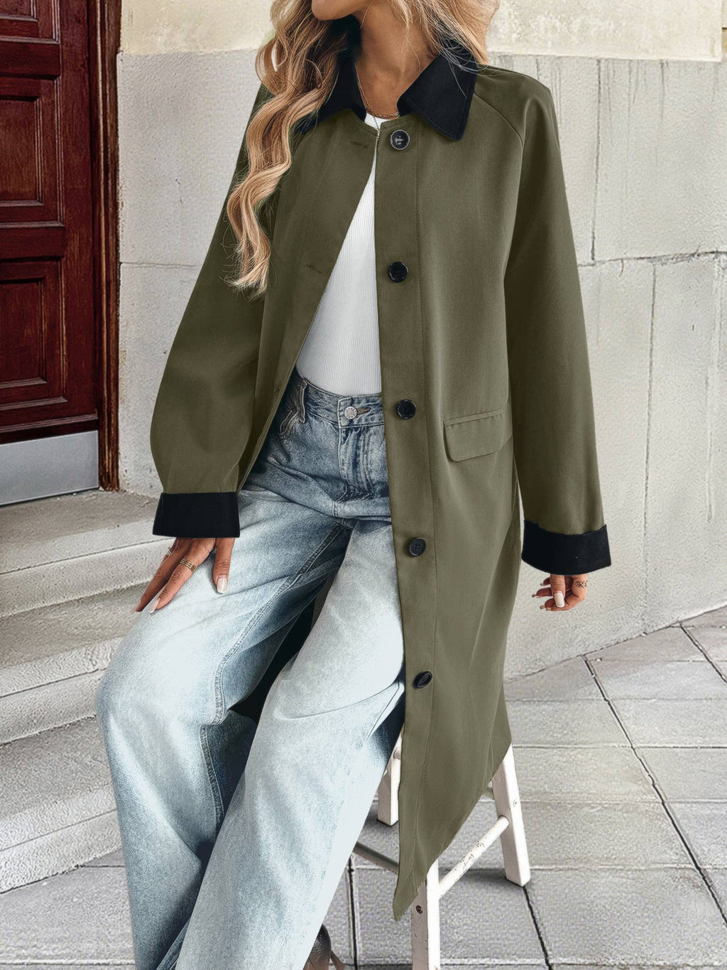 Contrast Collar Longline Single Breasted Coat