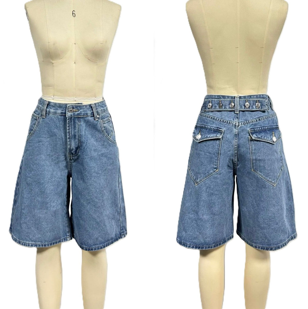 Button Detail Denim Bermuda Shorts - Blue
