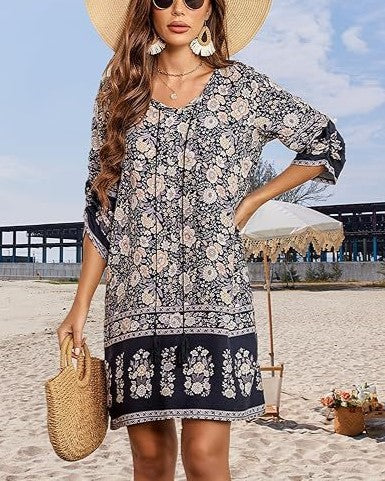 Bohemian Border Print Tassel Tunic Dress - BApricot