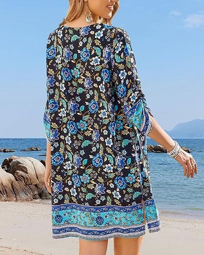 Bohemian Border Print Tassel Tunic Dress - Black - 2