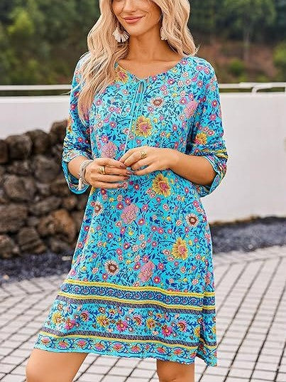Bohemian Border Print Tassel Tunic Dress - Blue