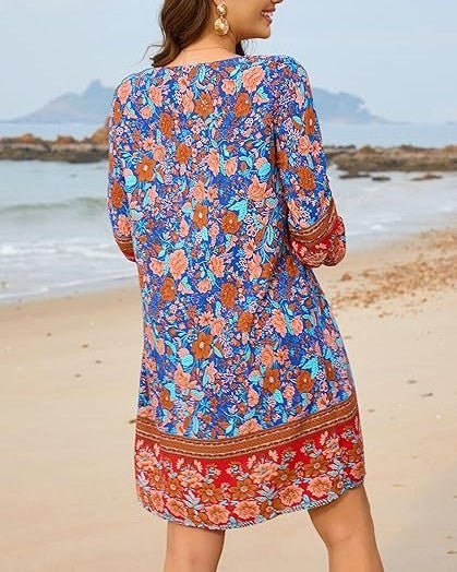 Bohemian Border Print Tassel Tunic Dress - BlueRed - 1