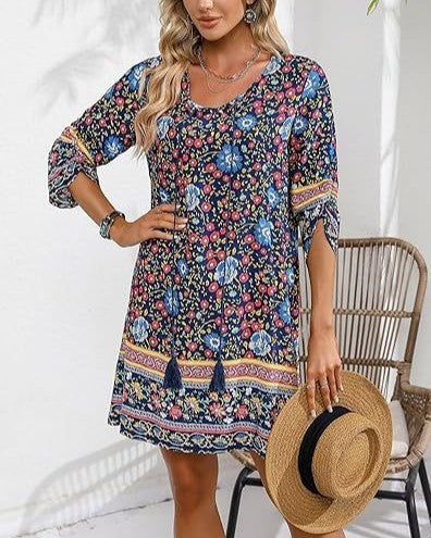 Bohemian Border Print Tassel Tunic Dress - DarkBlue