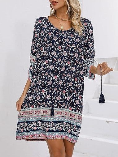Bohemian Border Print Tassel Tunic Dress - Navy