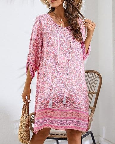 Bohemian Border Print Tassel Tunic Dress - Pink
