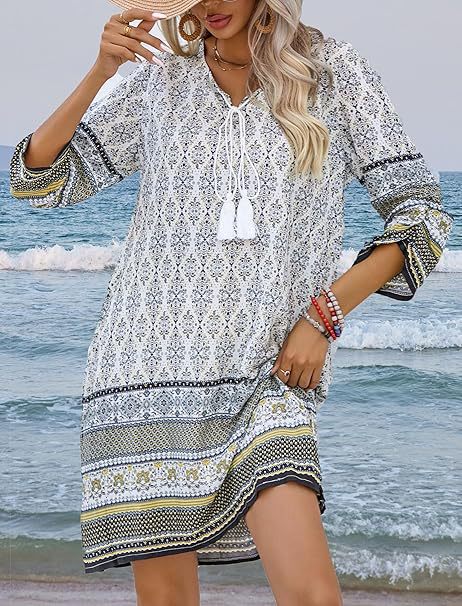 Bohemian Border Print Tassel Tunic Dress - White