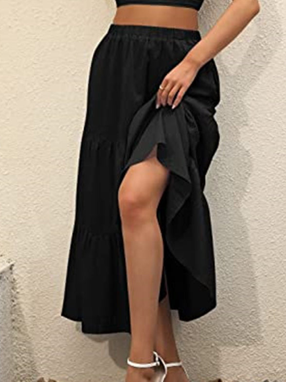 Tiered Maxi Skirt With Side Pockets - Black - 1