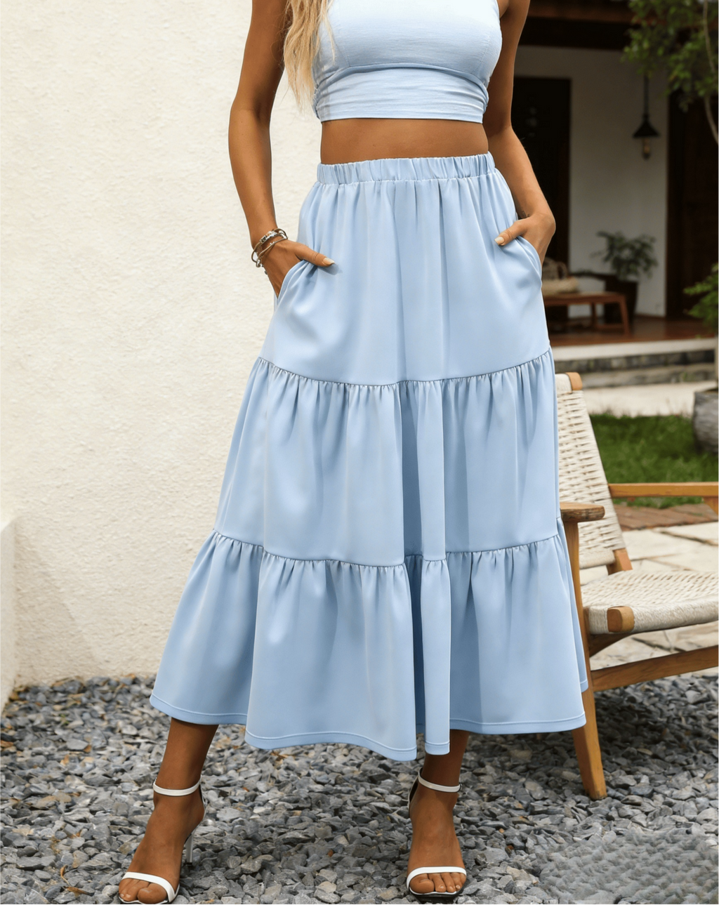 Tiered Maxi Skirt With Side Pockets - Blue