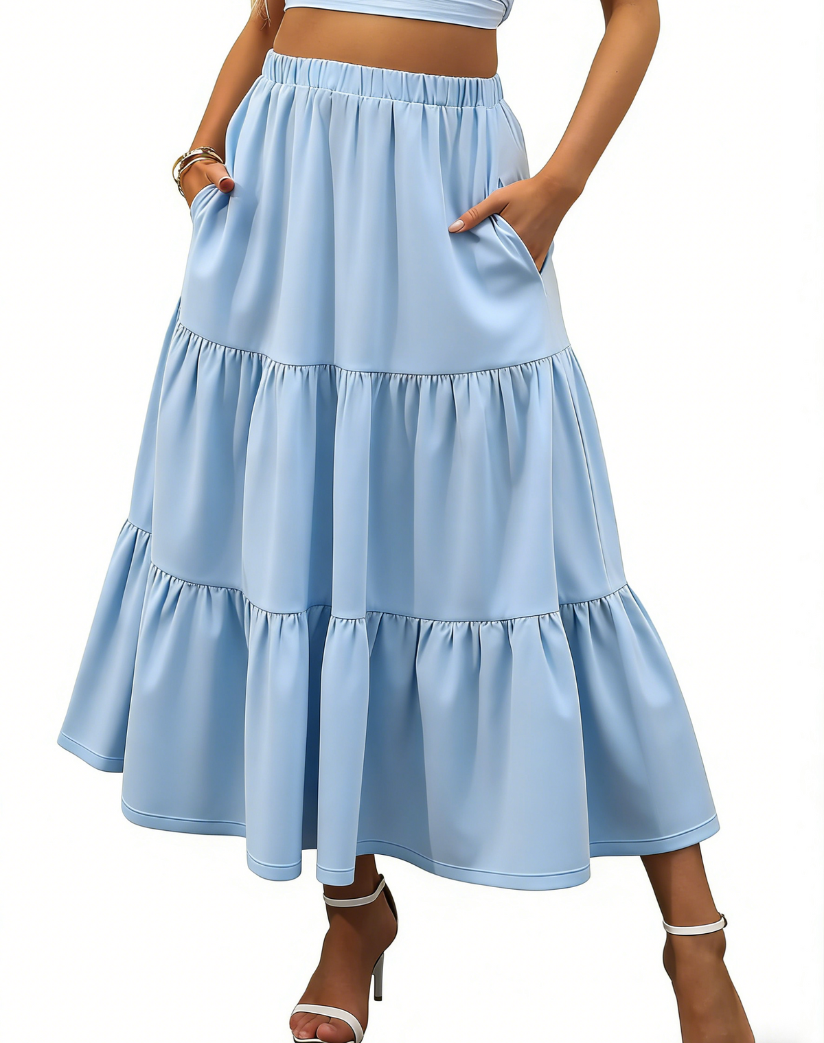 Tiered Maxi Skirt With Side Pockets - Blue - 1