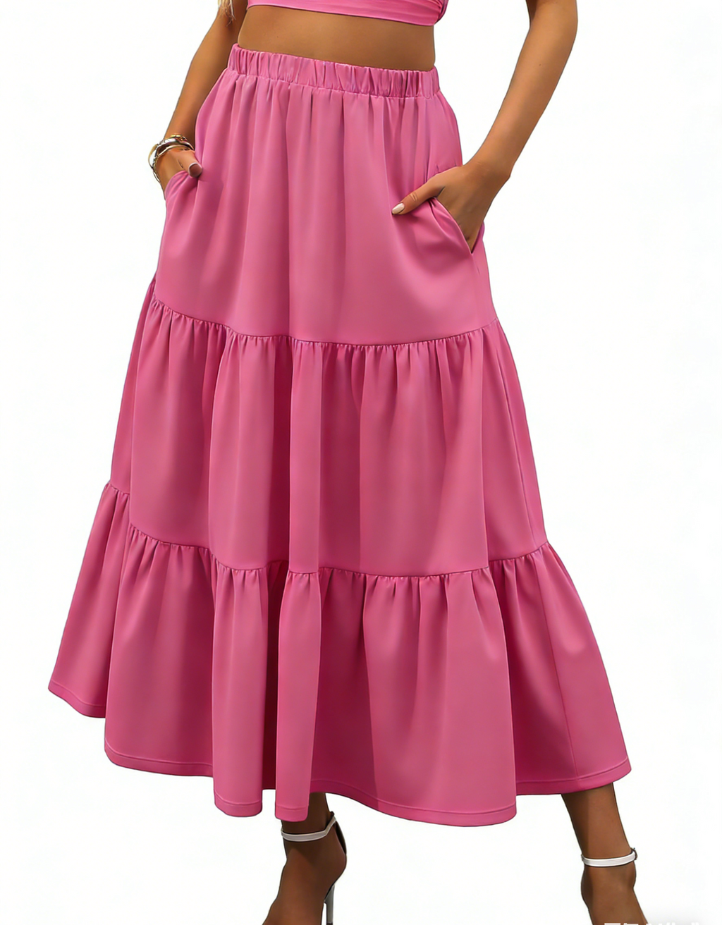 Tiered Maxi Skirt With Side Pockets - Rose_red