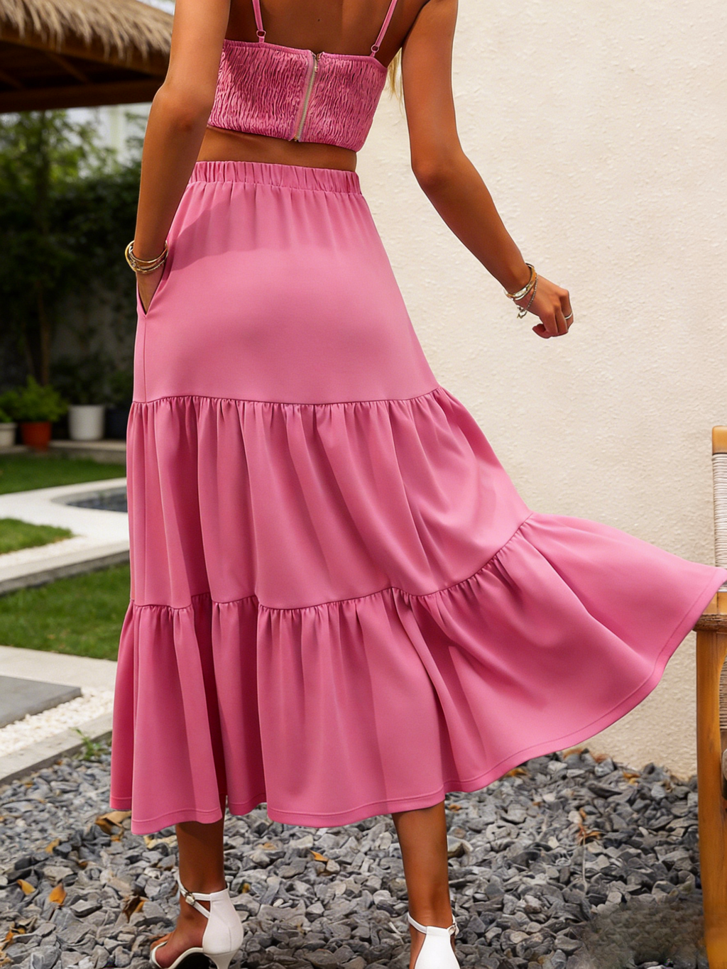 Tiered Maxi Skirt With Side Pockets - Rose_red - 1