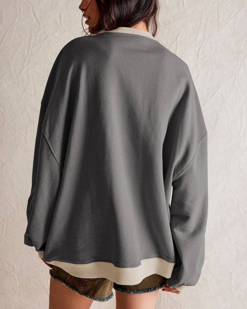 Oversized Sweatshirt With Contrast V Inset - Grey - 3