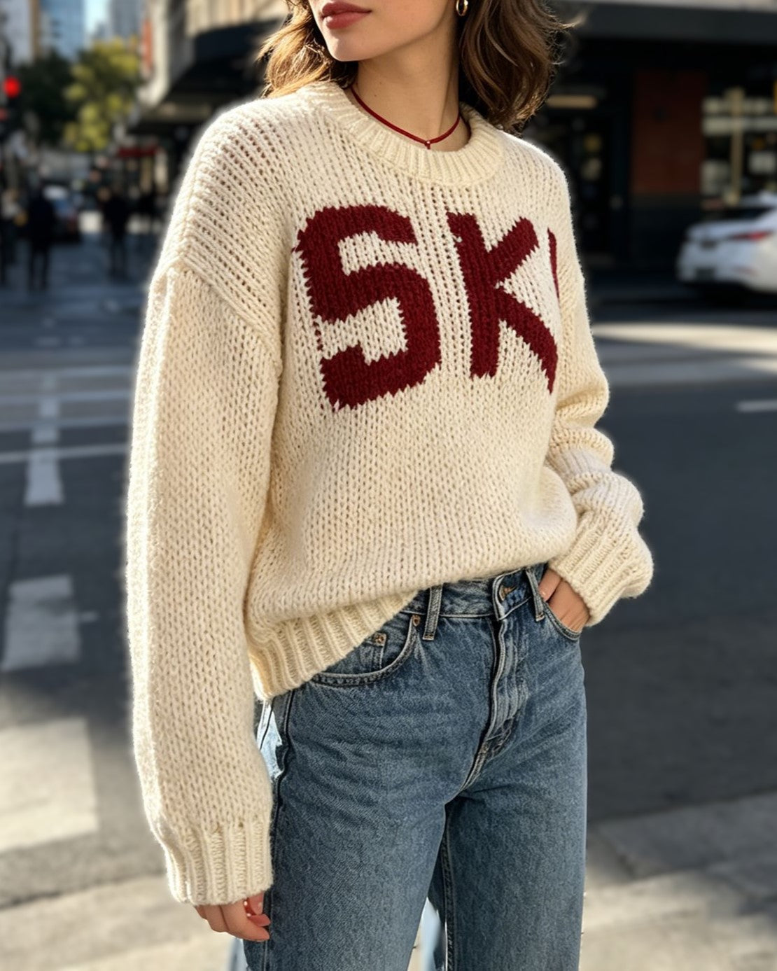 Ski Graphic Chunky Knit Crewneck Sweater - White - 2