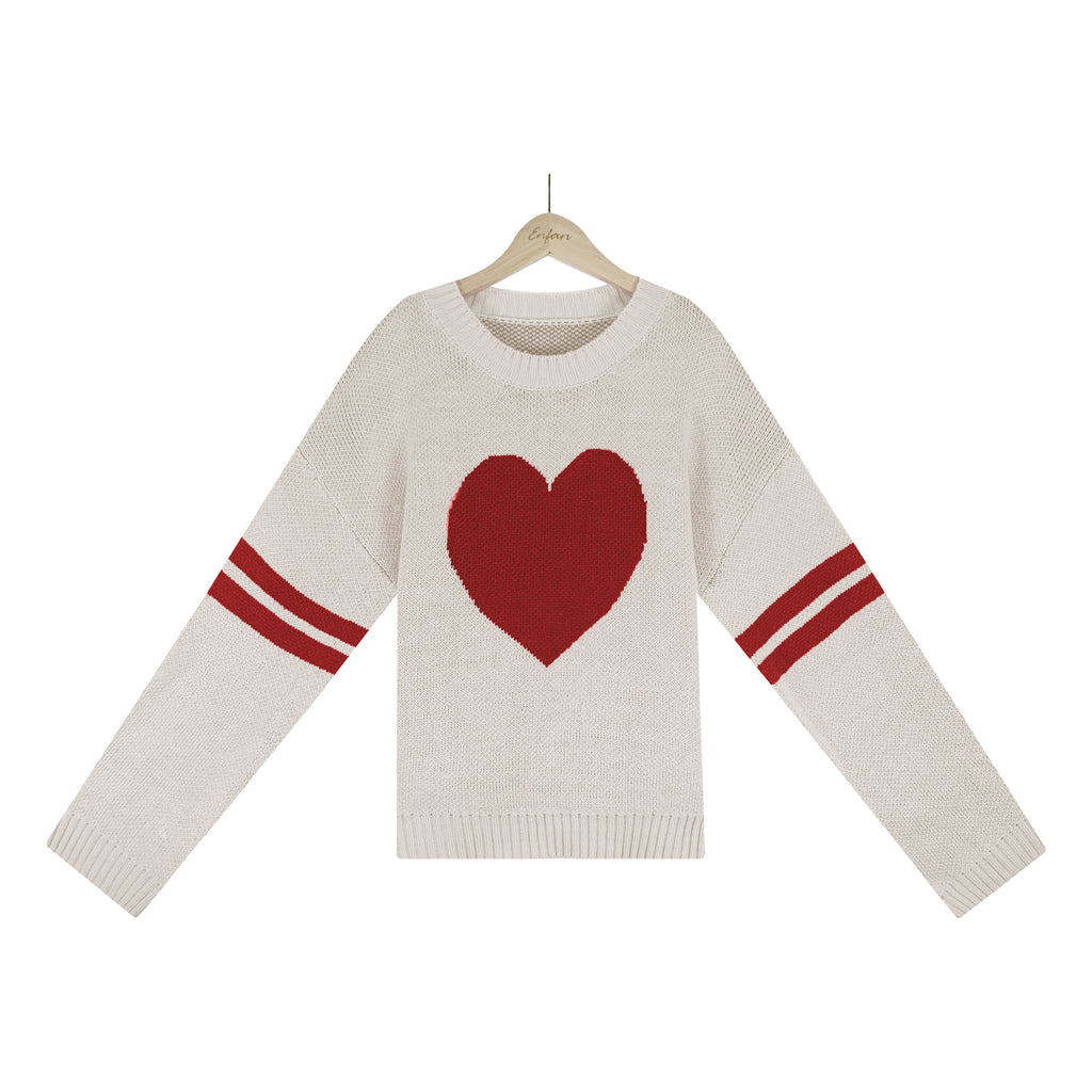 Heart Intarsia Varsity Stripe Knit Sweater - Apricot